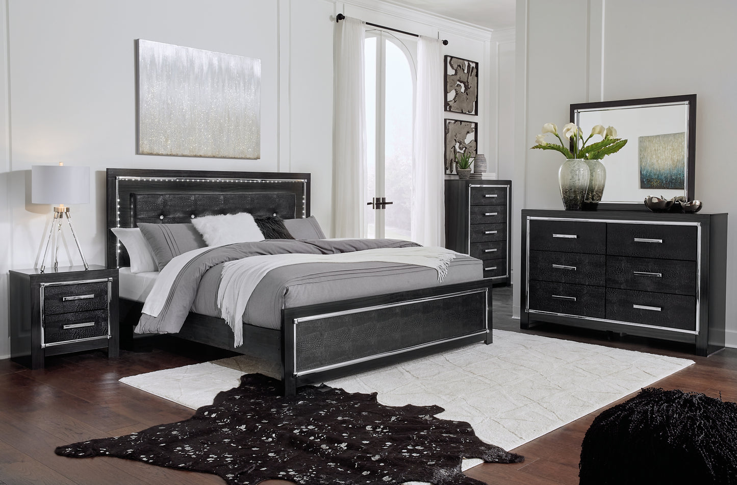 Kaydell King Upholstered Panel Bed with Mirrored Dresser and 2 Nightstands