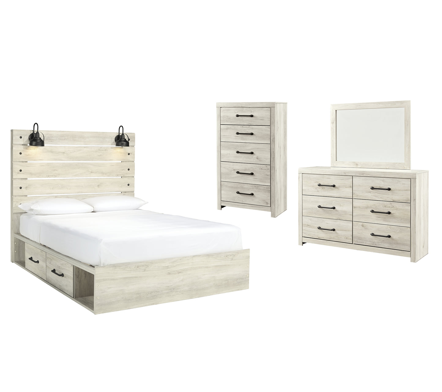 Cambeck  Panel Bed With 2 Storage Drawers With Mirrored Dresser And Chest