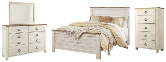 Willowton  Panel Bed With Mirrored Dresser And Chest