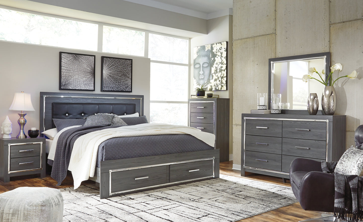 Lodanna King Panel Bed with 2 Storage Drawers with Mirrored Dresser, Chest and 2 Nightstands