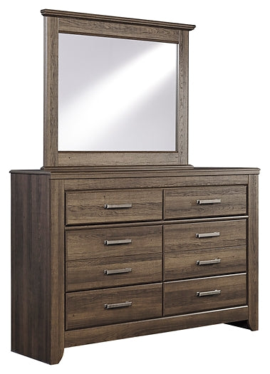 Juararo California King Poster Bed with Mirrored Dresser, Chest and Nightstand