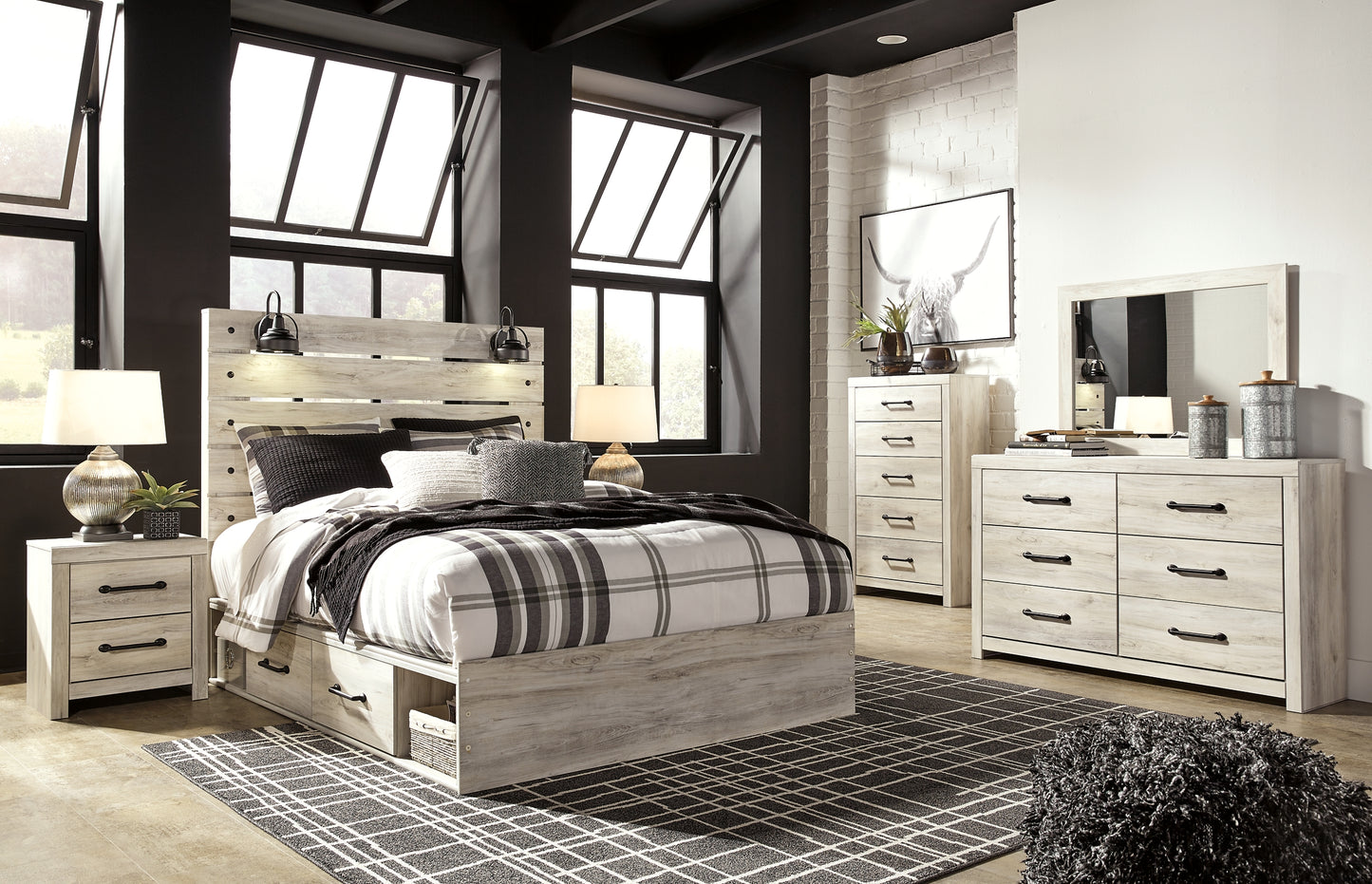 Cambeck  Panel Bed With 4 Storage Drawers With Mirrored Dresser, Chest And Nightstand