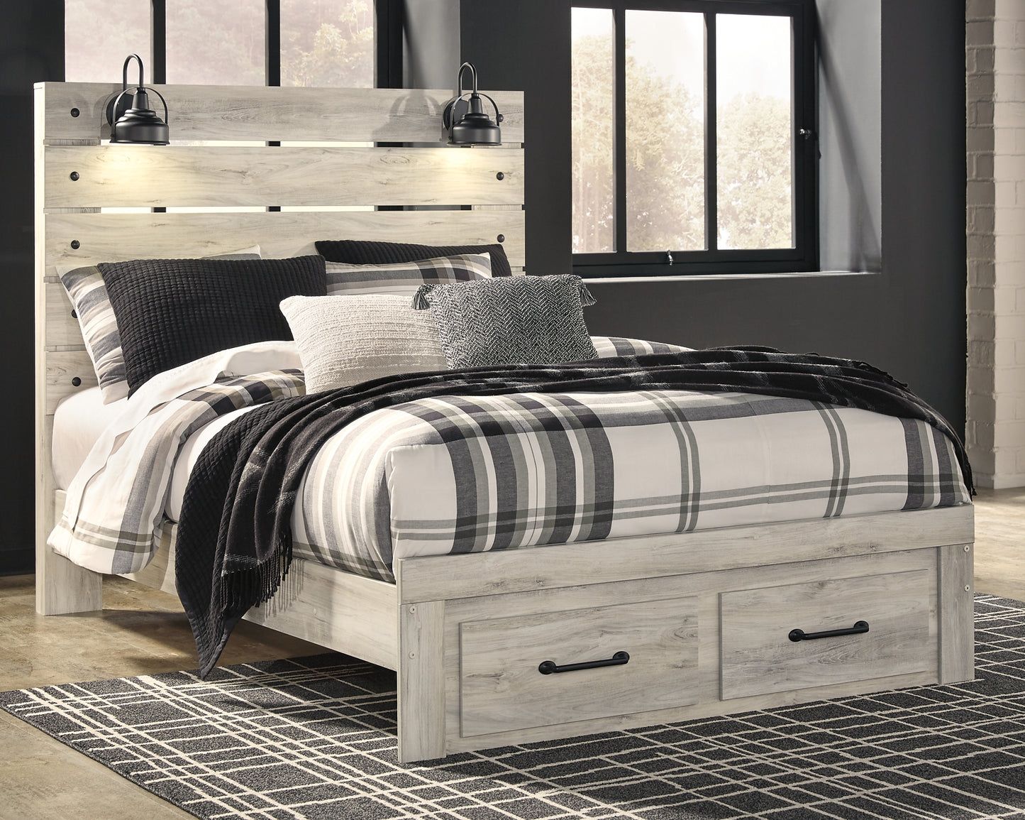 Cambeck  Panel Bed With 2 Storage Drawers With Mirrored Dresser And 2 Nightstands