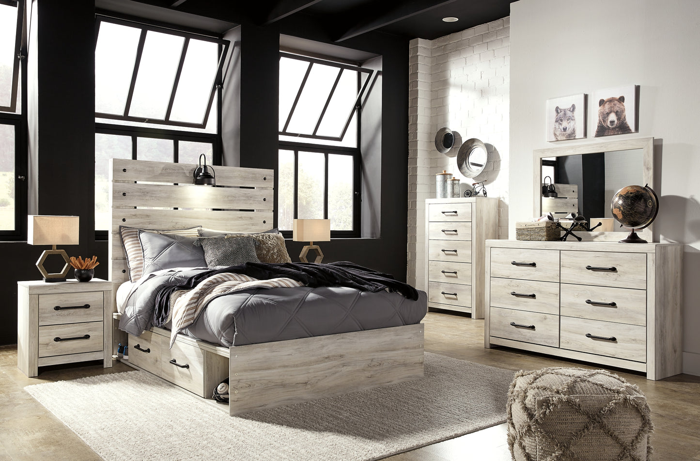 Cambeck  Panel Bed With 4 Storage Drawers With Mirrored Dresser, Chest And 2 Nightstands