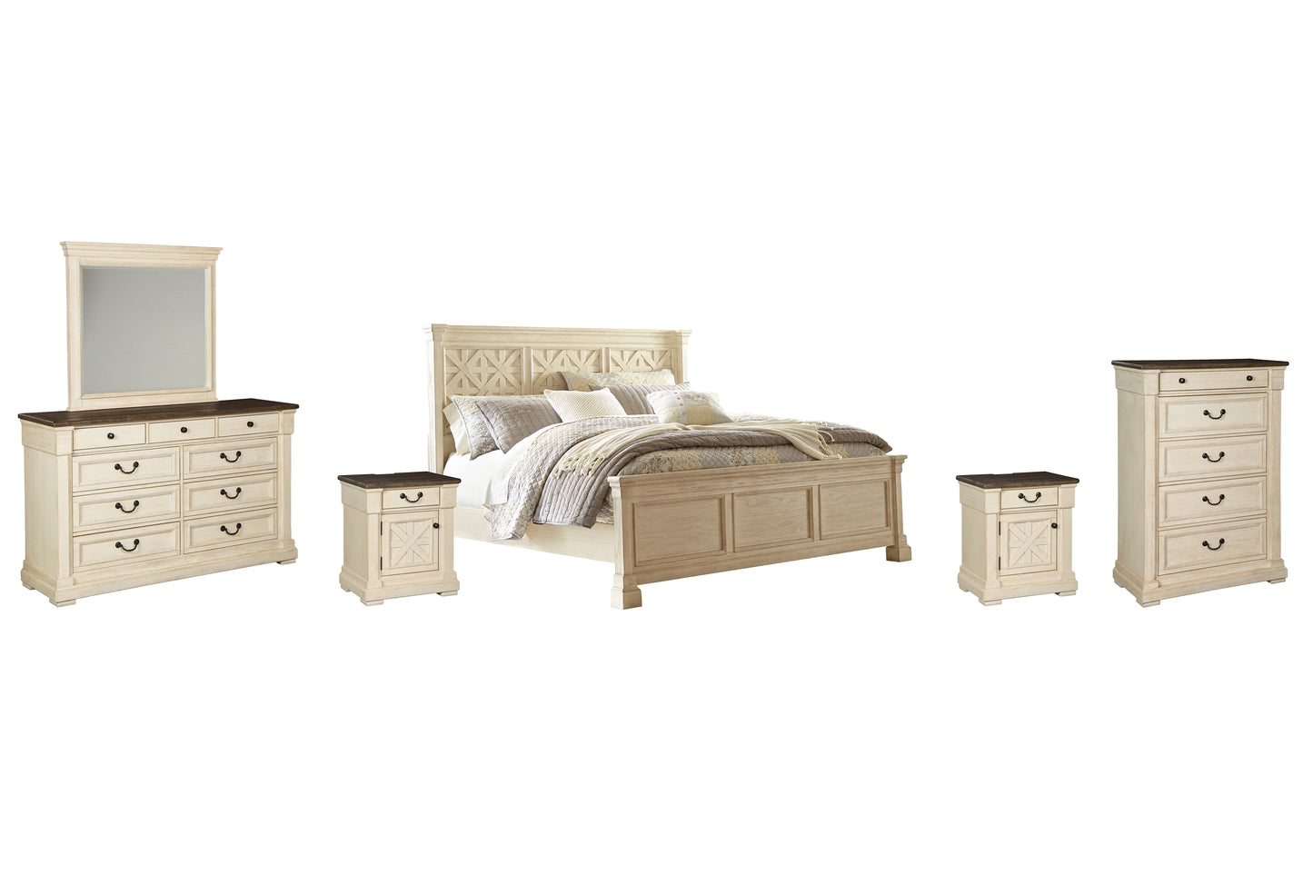 Bolanburg King Panel Bed with Mirrored Dresser, Chest and 2 Nightstands