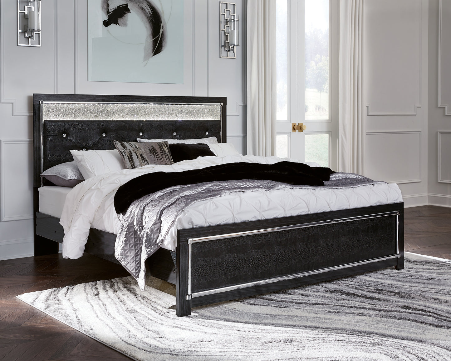 Kaydell King Upholstered Panel Platform Bed with Mirrored Dresser, Chest and 2 Nightstands