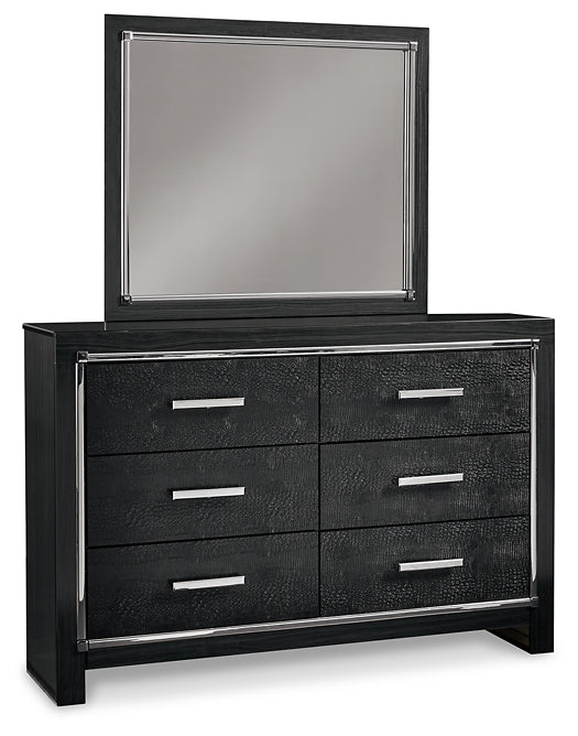 Kaydell Queen Upholstered Panel Bed with Mirrored Dresser, Chest and 2 Nightstands