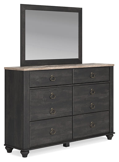 Nanforth Queen Panel Headboard with Mirrored Dresser, Chest and Nightstand