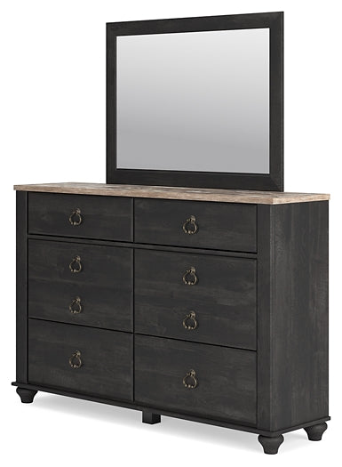 Nanforth Queen Panel Headboard with Mirrored Dresser, Chest and Nightstand