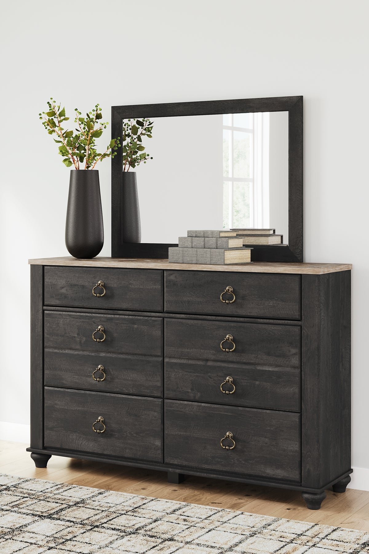 Nanforth Queen Panel Headboard with Mirrored Dresser