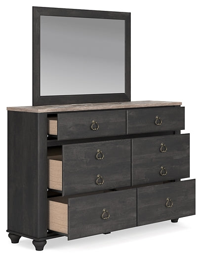 Nanforth Queen Panel Bed with Mirrored Dresser and 2 Nightstands