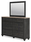 Nanforth Queen Panel Headboard with Mirrored Dresser, Chest and 2 Nightstands