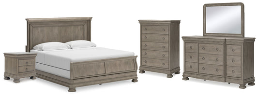 Lexorne King Sleigh Bed with Mirrored Dresser, Chest and Nightstand