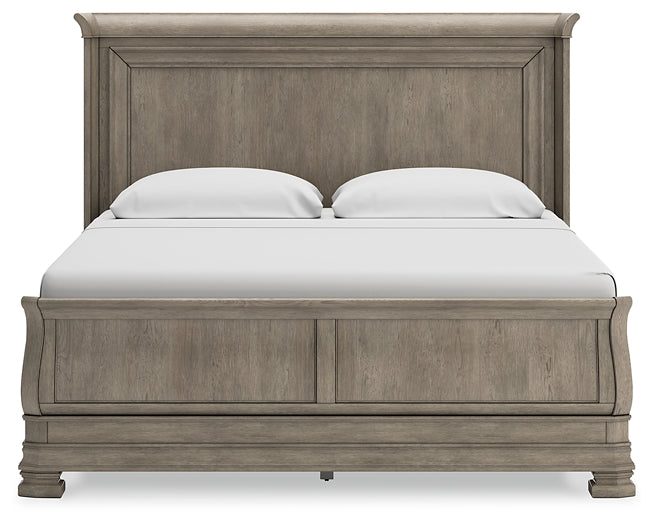 Lexorne California King Sleigh Bed with Mirrored Dresser and 2 Nightstands