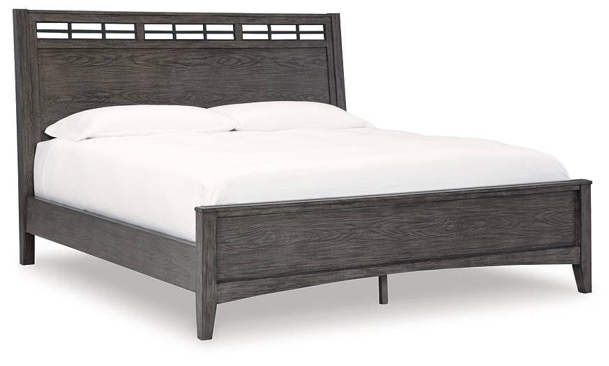 Montillan King Panel Bed with Mirrored Dresser and 2 Nightstands