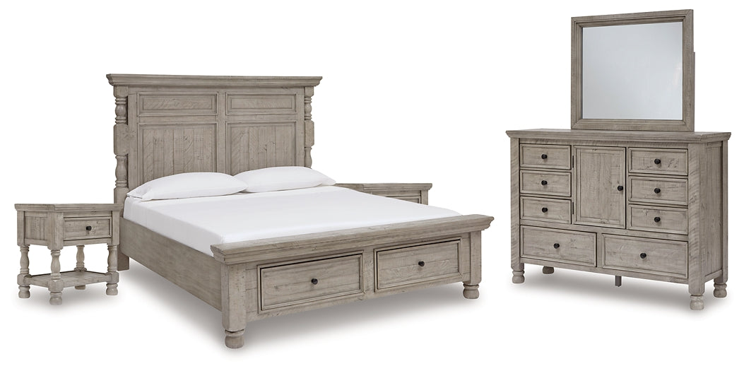 Harrastone King Panel Bed with Mirrored Dresser and 2 Nightstands