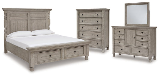 Harrastone King Panel Bed with Mirrored Dresser and Chest