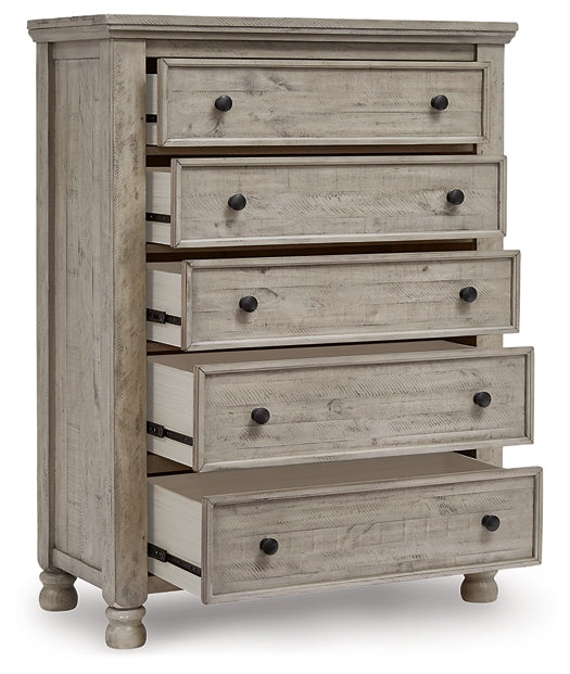 Harrastone King Panel Bed with Mirrored Dresser, Chest and 2 Nightstands