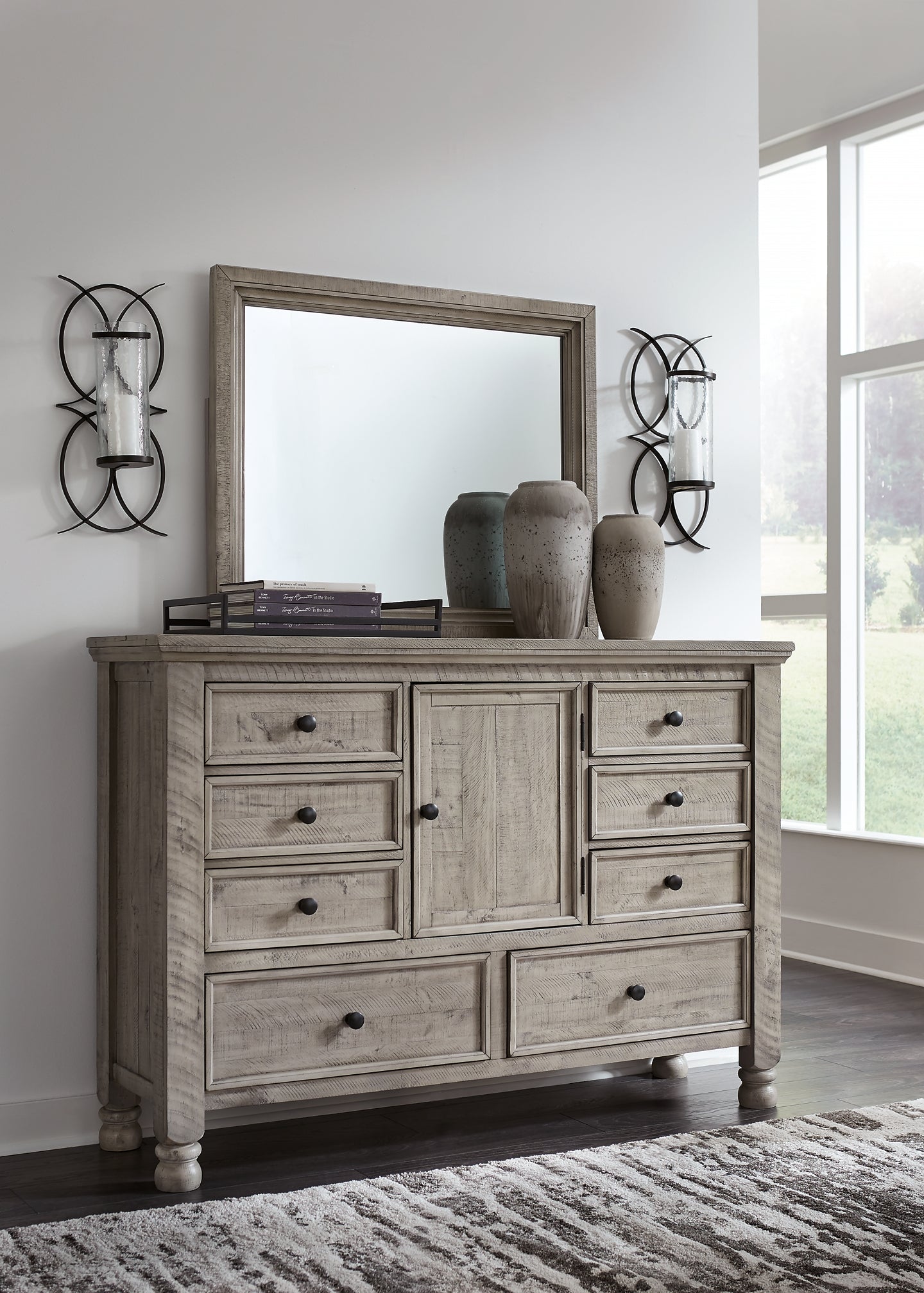 Harrastone King Panel Bed with Mirrored Dresser, Chest and 2 Nightstands