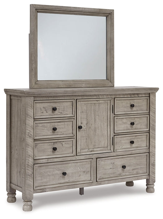 Harrastone Queen Panel Bed with Mirrored Dresser, Chest and 2 Nightstands