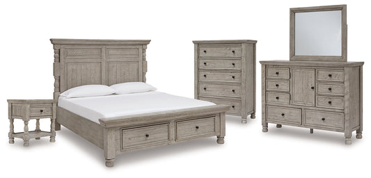 Harrastone King Panel Bed with Mirrored Dresser, Chest and Nightstand