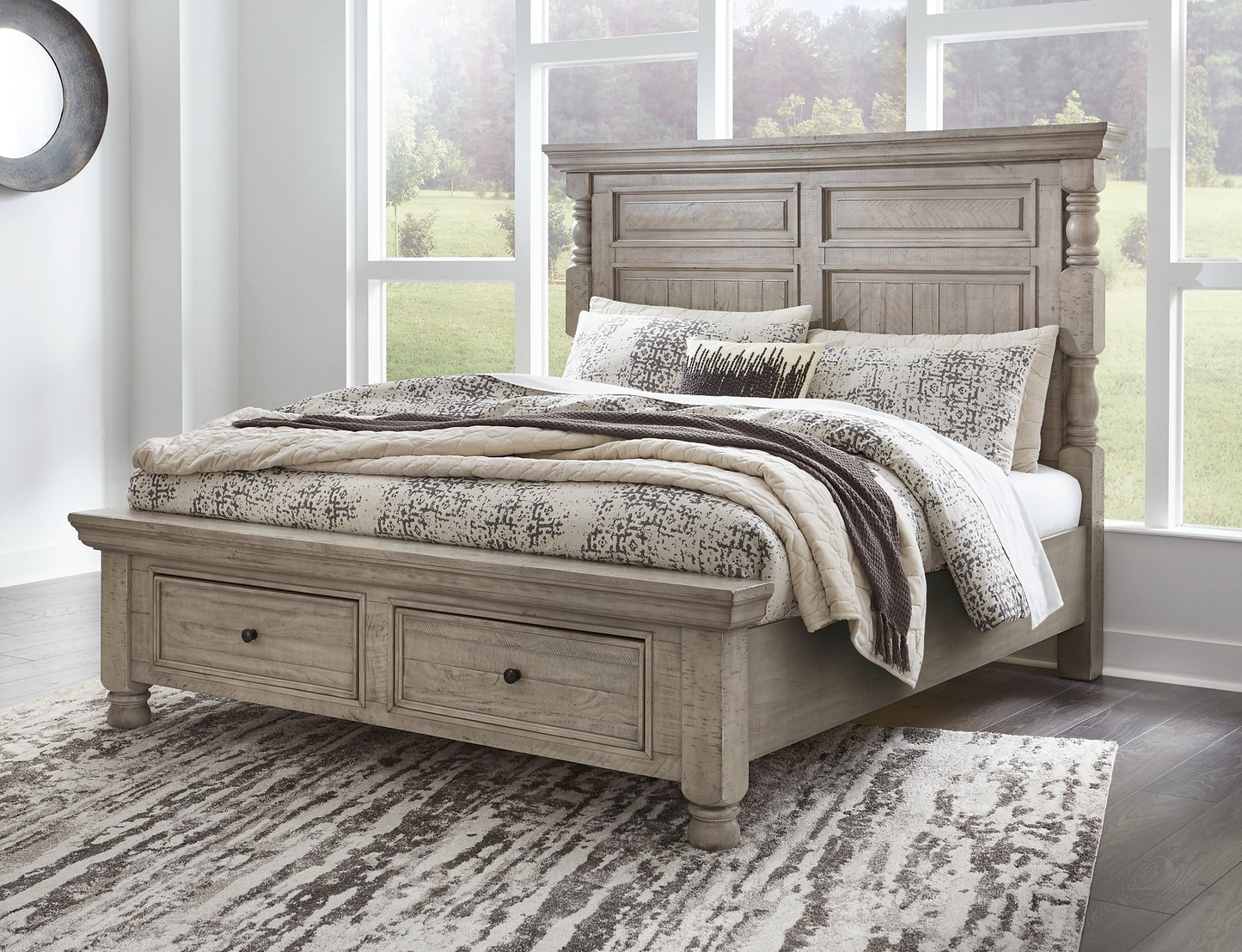 Harrastone California King Panel Bed with Mirrored Dresser, Chest and Nightstand