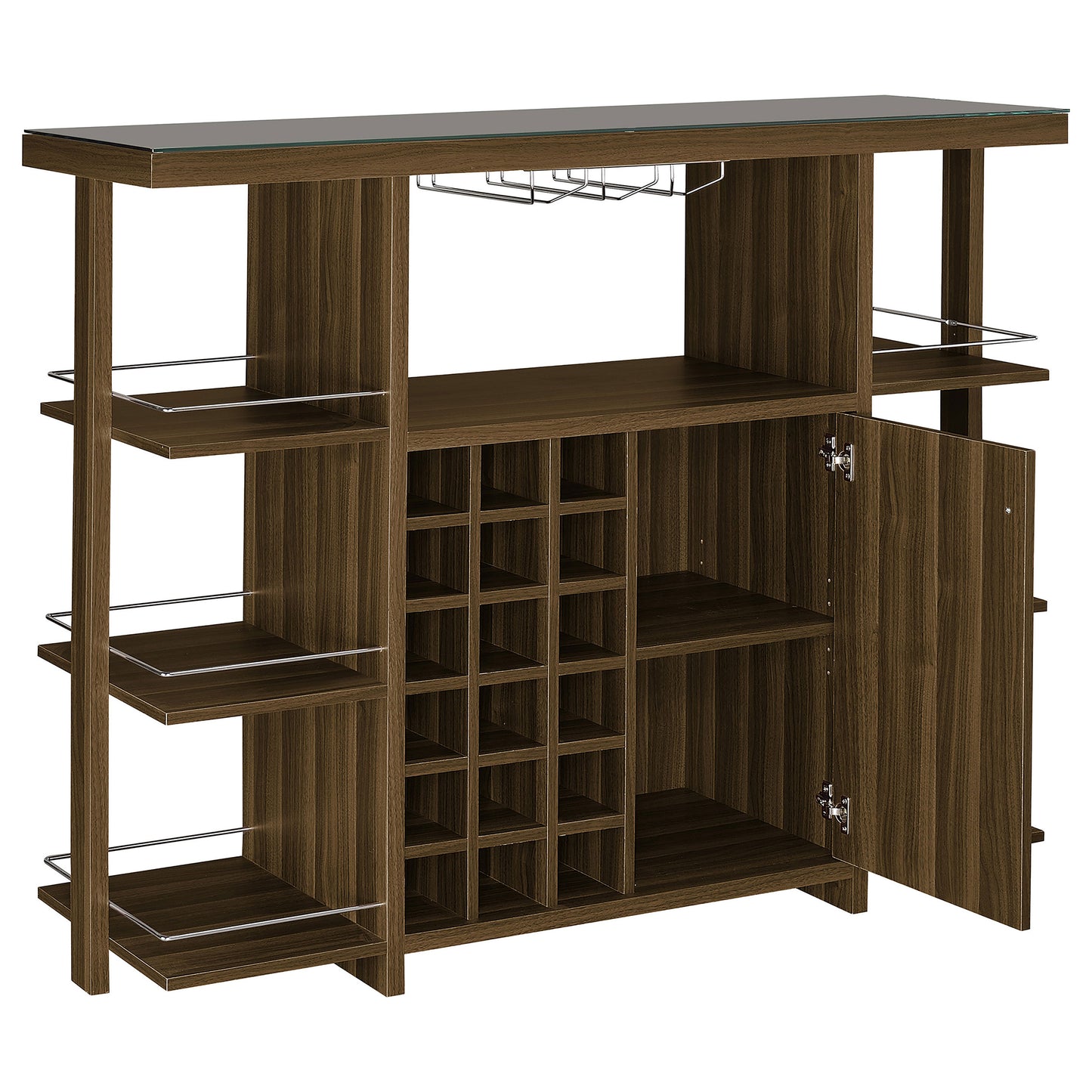 Evelio 6-shelf Glass Top Home Bar Wine Cabinet Walnut