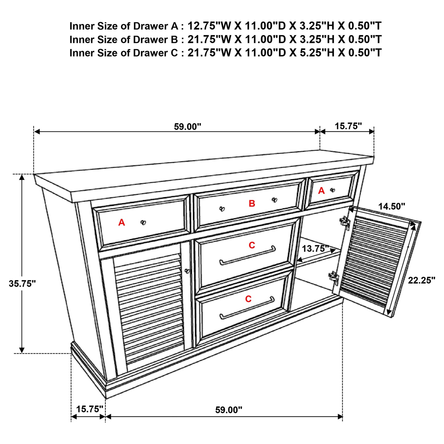 Aventine 5-drawer Sideboard Buffet Cabinet Vintage White