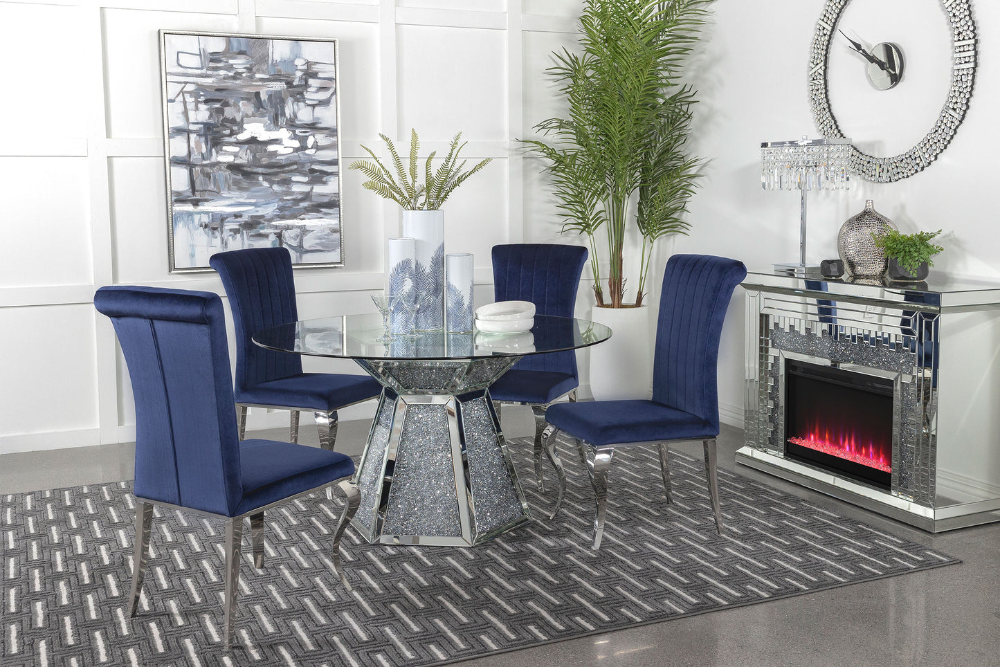 Quinn 5-piece Round Glass Top Mirrored Dining Set Ink Blue