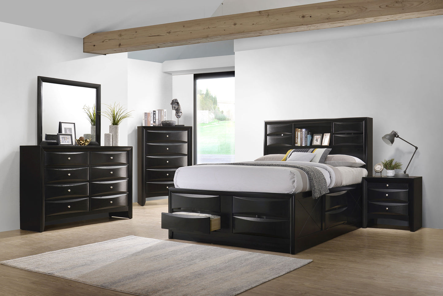 Briana Wood Queen Storage Bookcase Bed Black