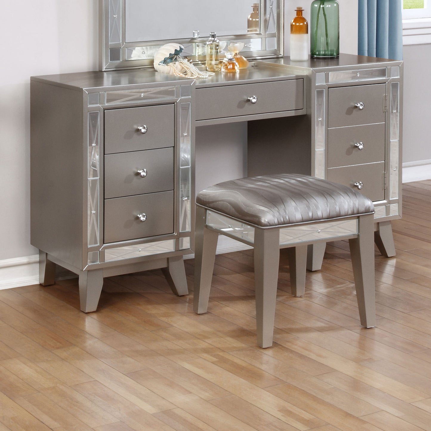 Leighton Vanity Table and Stool Set Metallic Mercury