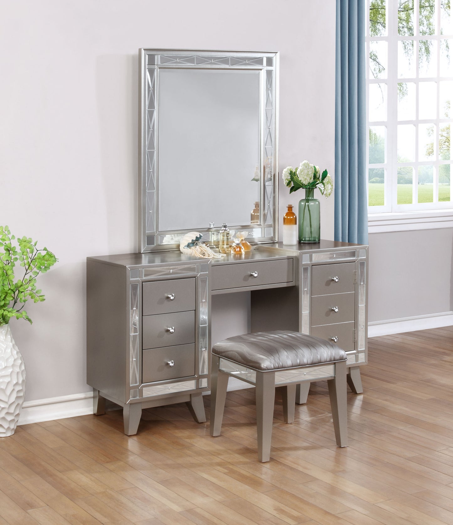 Leighton Vanity Table and Stool Set Metallic Mercury