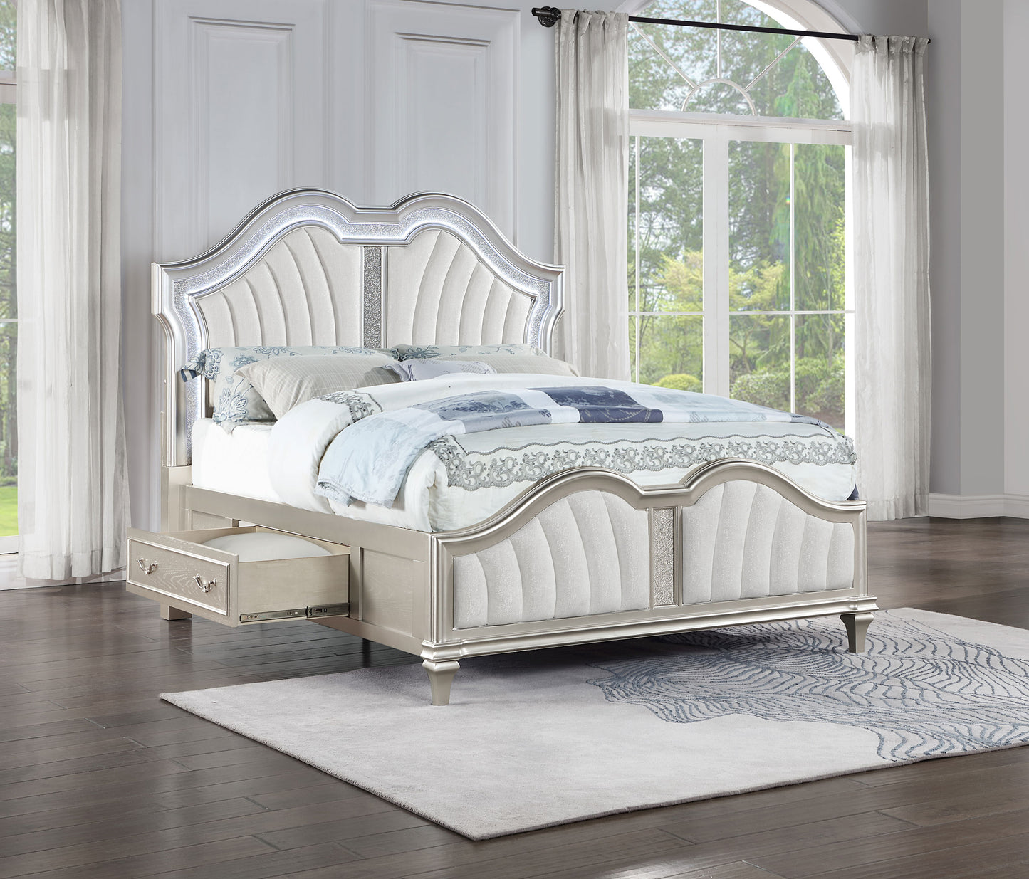 Evangeline Eastern King LED Storage Panel Bed Silver Oak