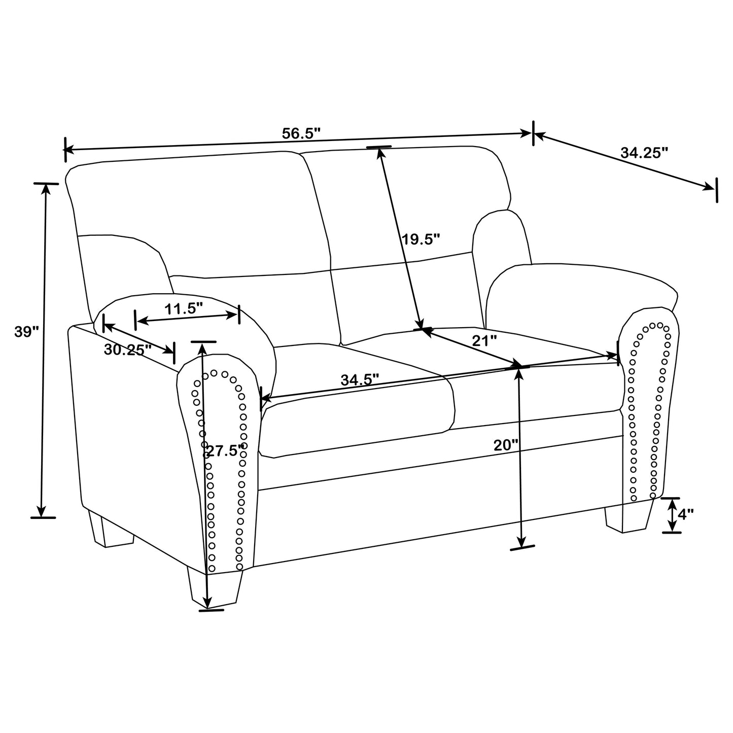 Clementine 2-piece Upholstered Padded Arm Sofa Set Grey