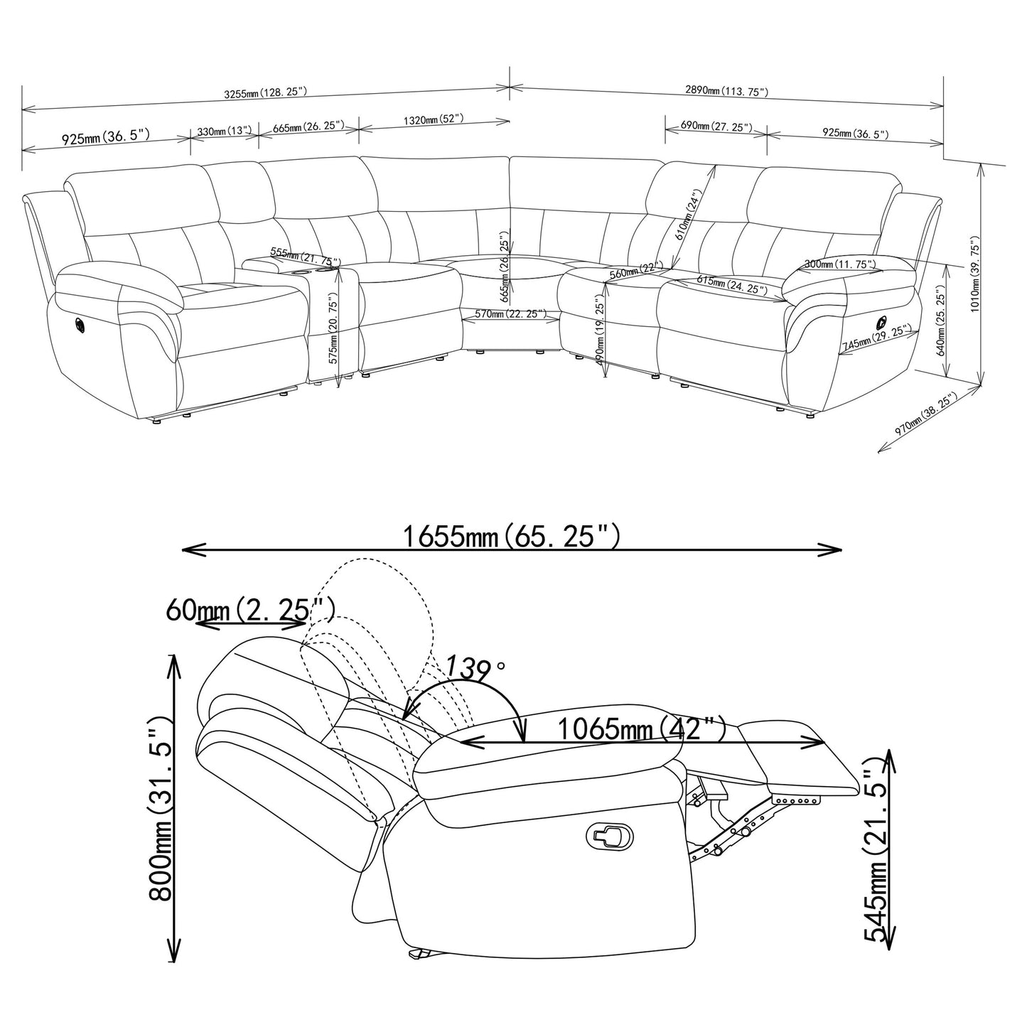 Bahrain 6-piece Modular Reclining Sectional Sofa Charcoal