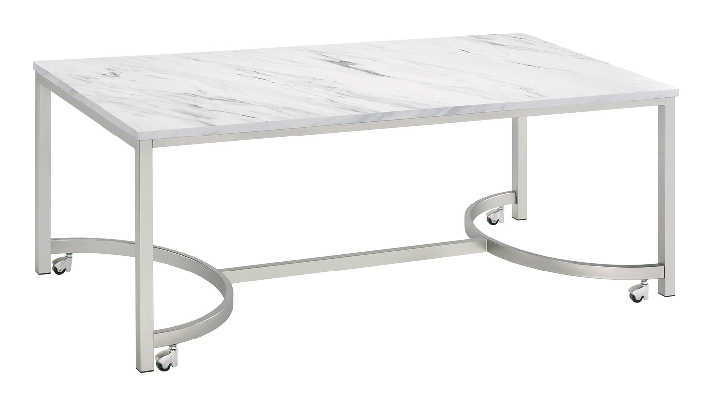 Leona Faux Marble Coffee Table with Casters Satin Nickel