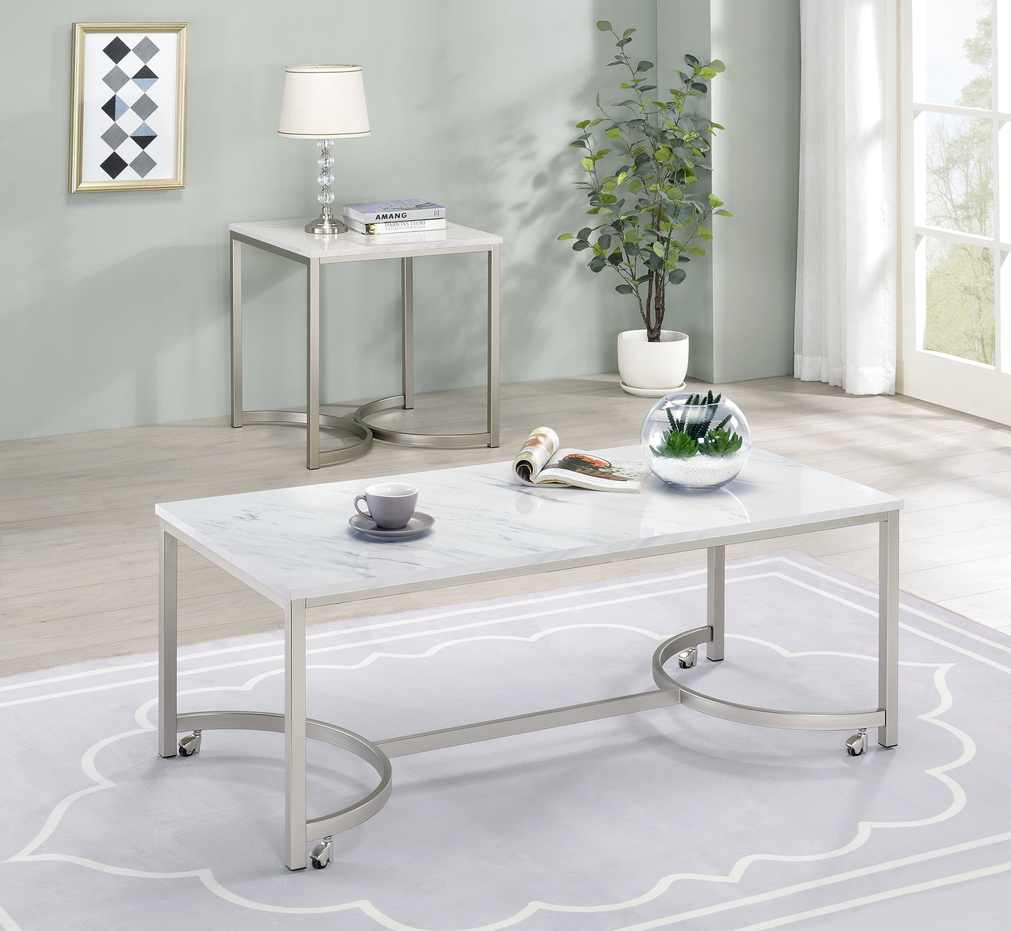 Leona Square Faux Marble Side End Table Satin Nickel