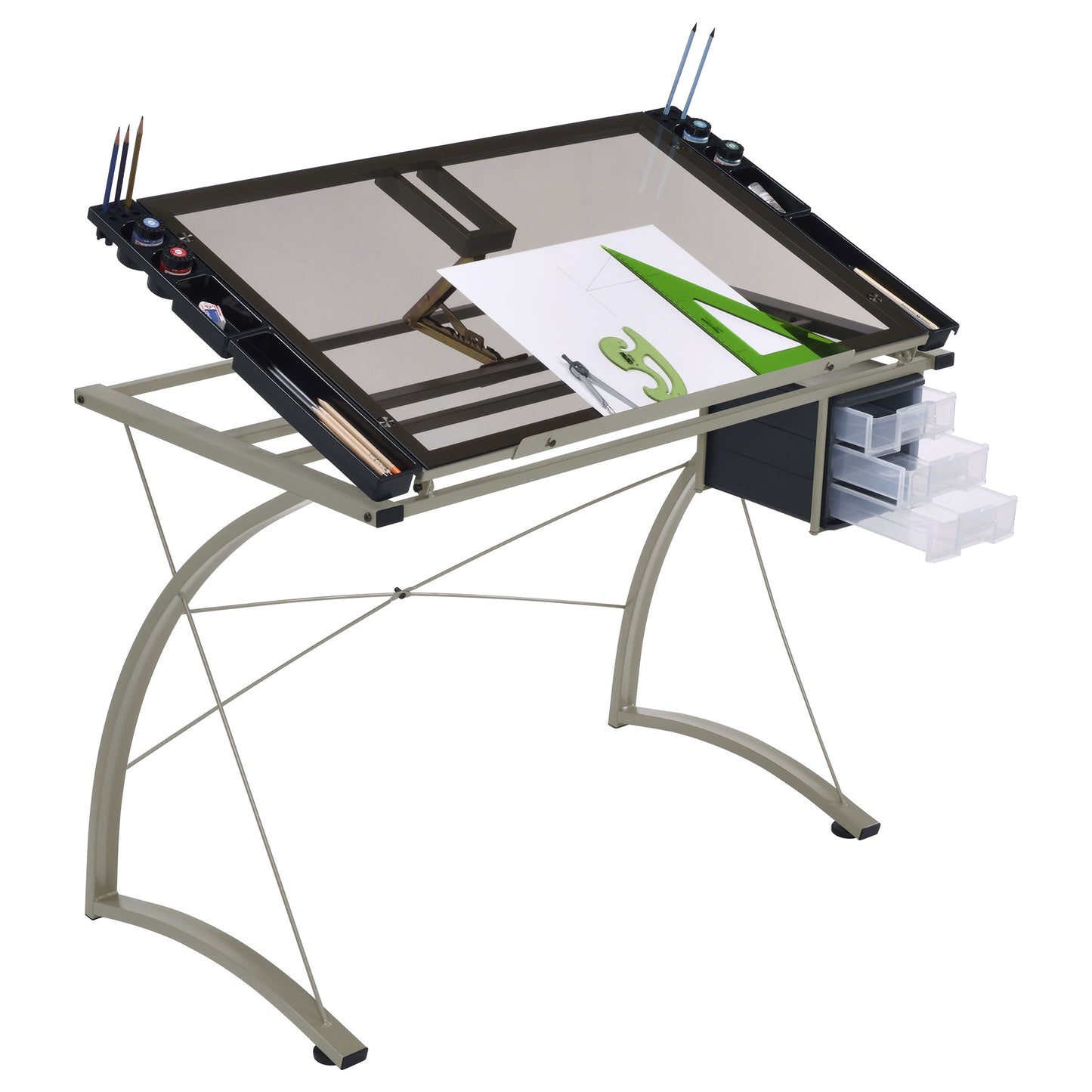 Melo 41-inch Glass Top Drafting Table with Storage Silver