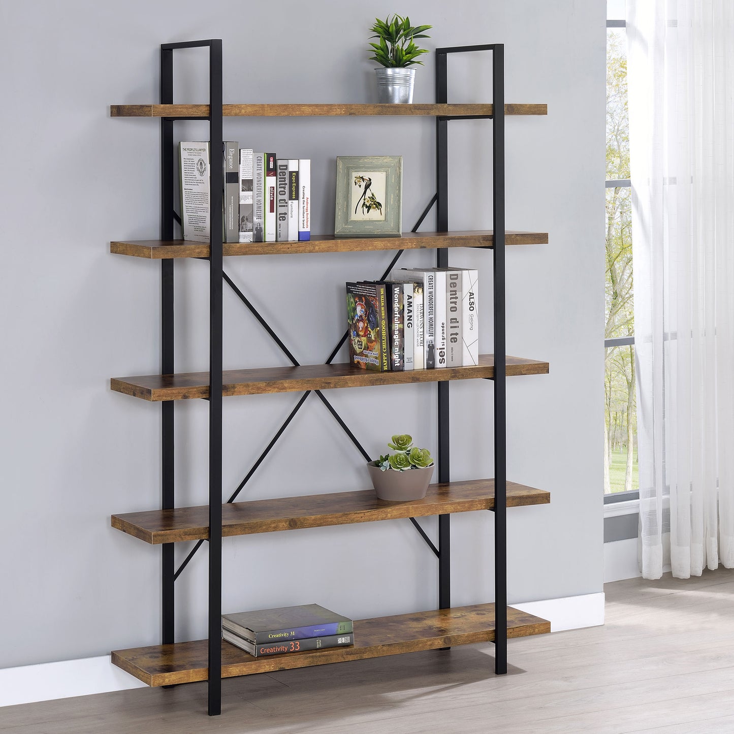 Cole 70-inch 5-shelf Bookshelf Rustic Nutmeg and Black