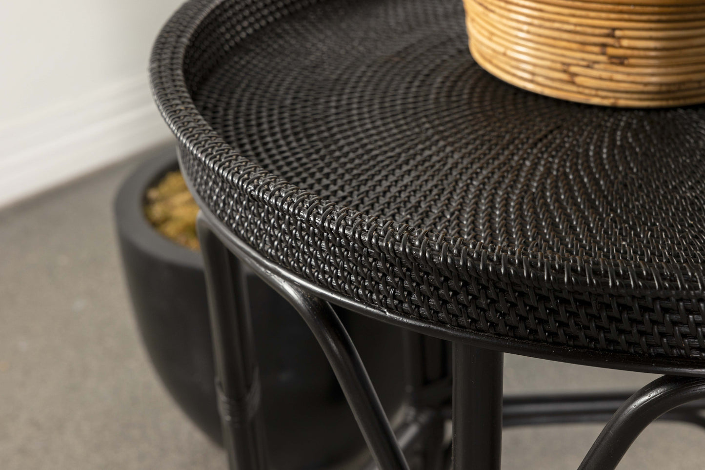 Antonio Round Rattan Tray Top Accent Side Table Black