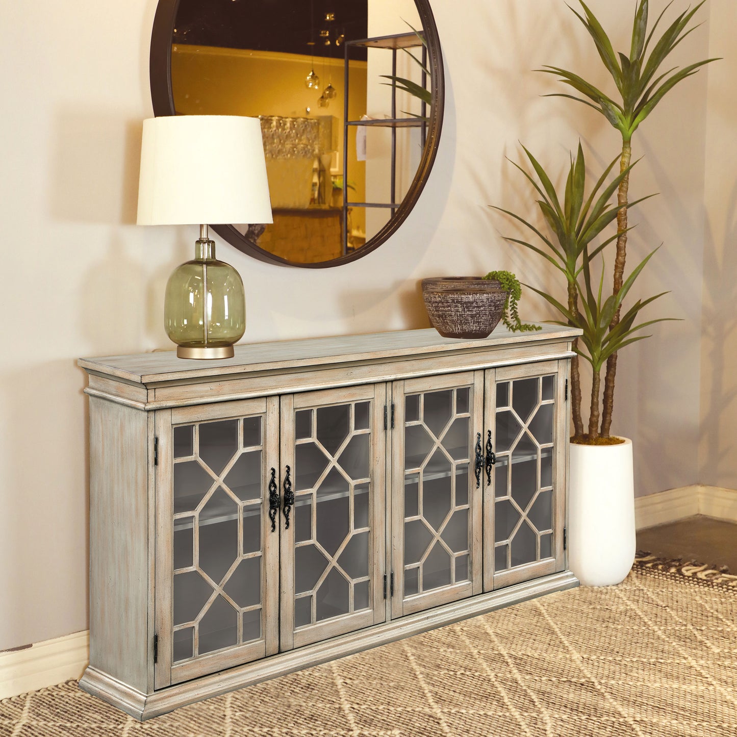 Kiara 4-door Wood Lattice Storage Accent Cabinet Light Honey