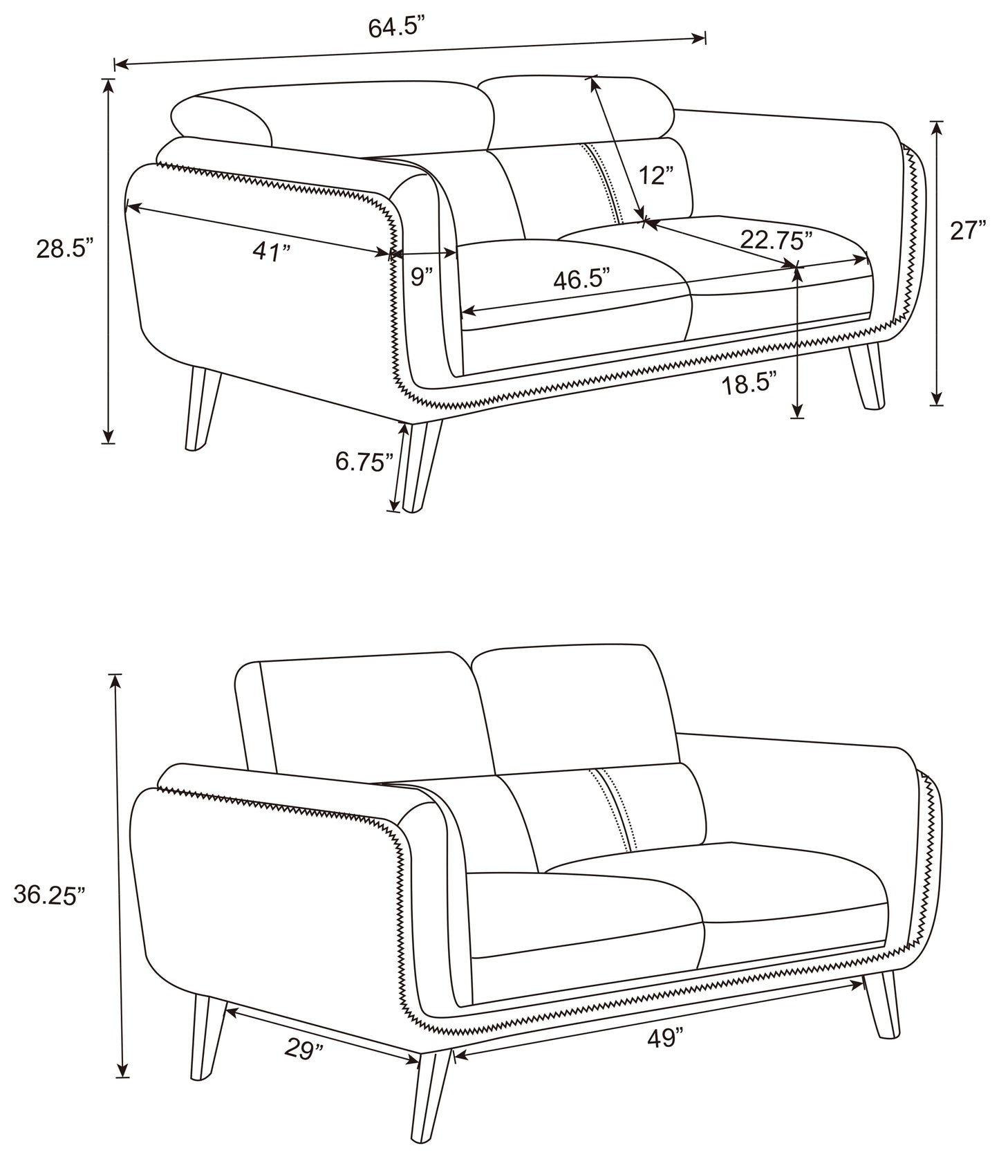 Shania 3-piece Upholstered Low Back Sofa Set Black