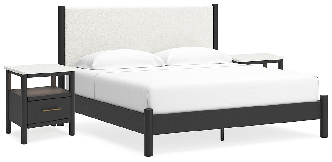 Cadmori King Upholstered Panel Bed with 2 Nightstands