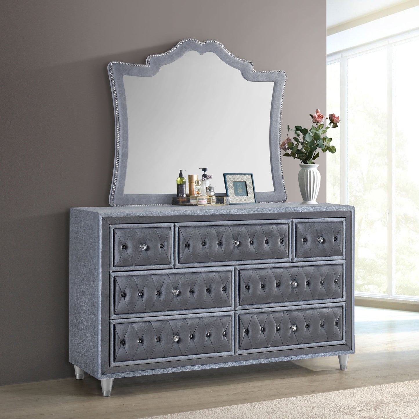 Antonella 7-drawer Upholstered Dresser with Mirror Grey