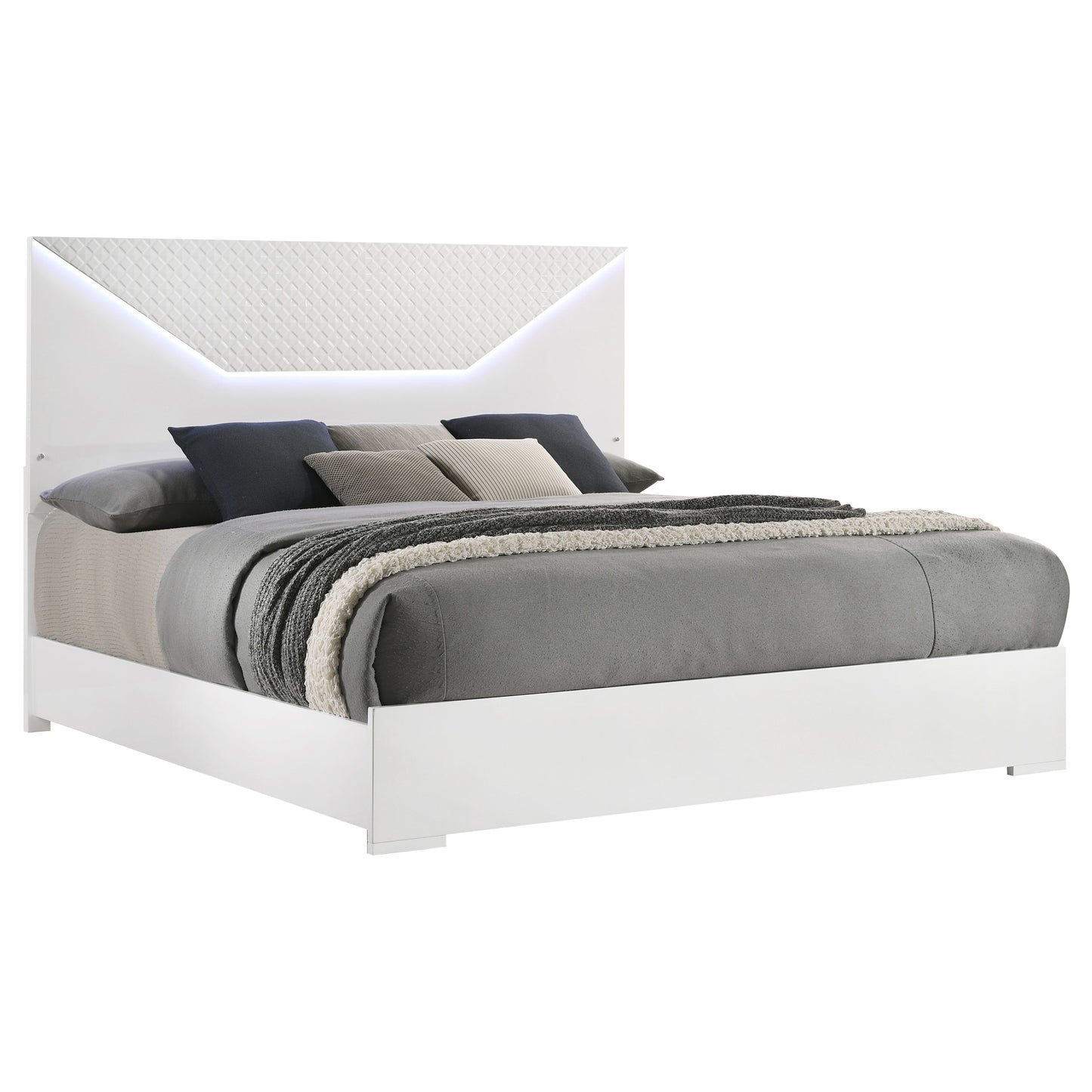 Ives Queen Panel Bed LED Headboard White High Gloss