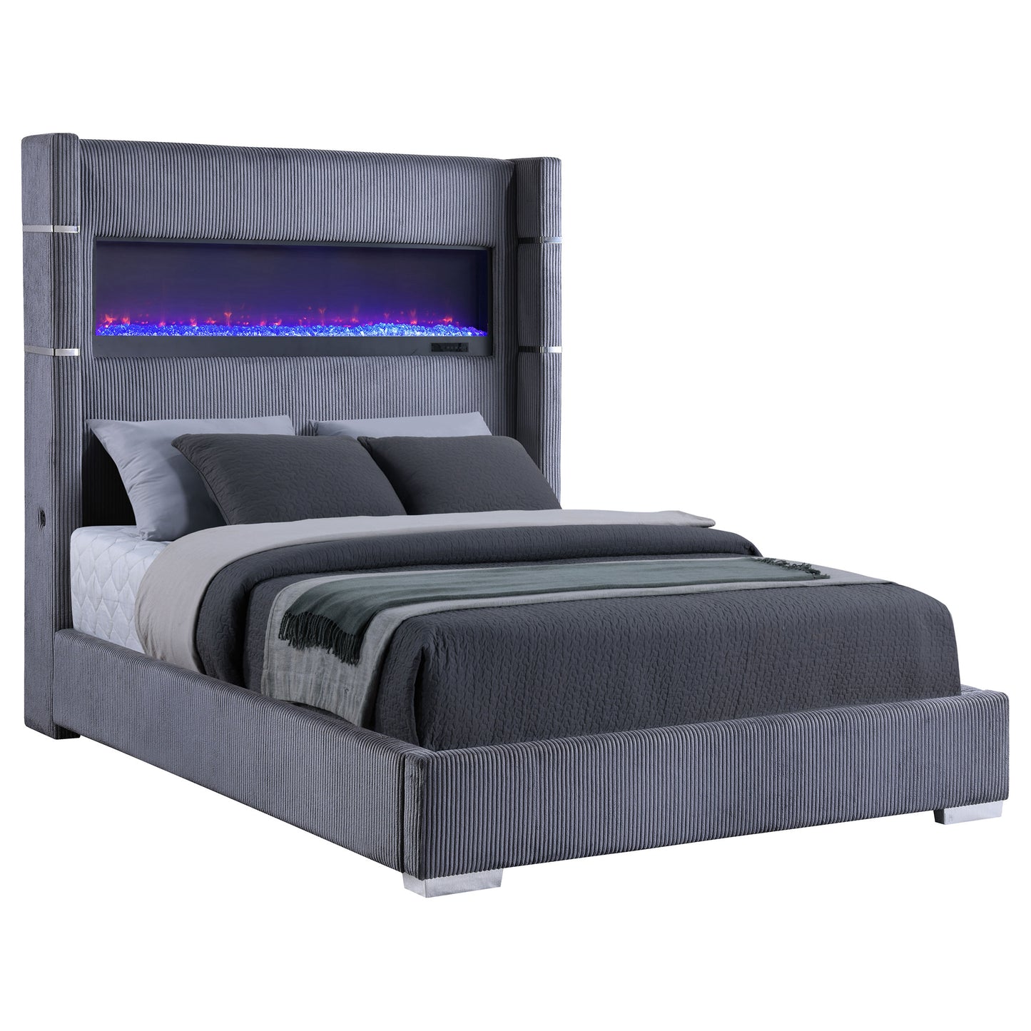 Tisdall Upholstered Queen Flame Visualizer Bed Grey