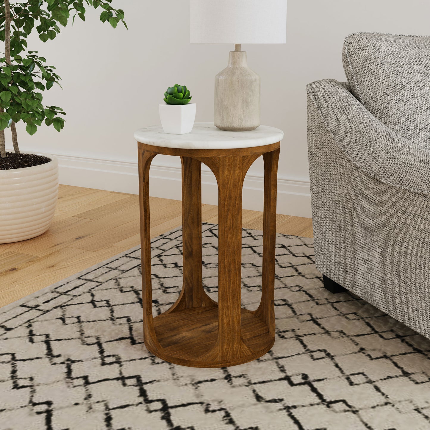 Berkeley Round Marble Top Side Table White and Brown