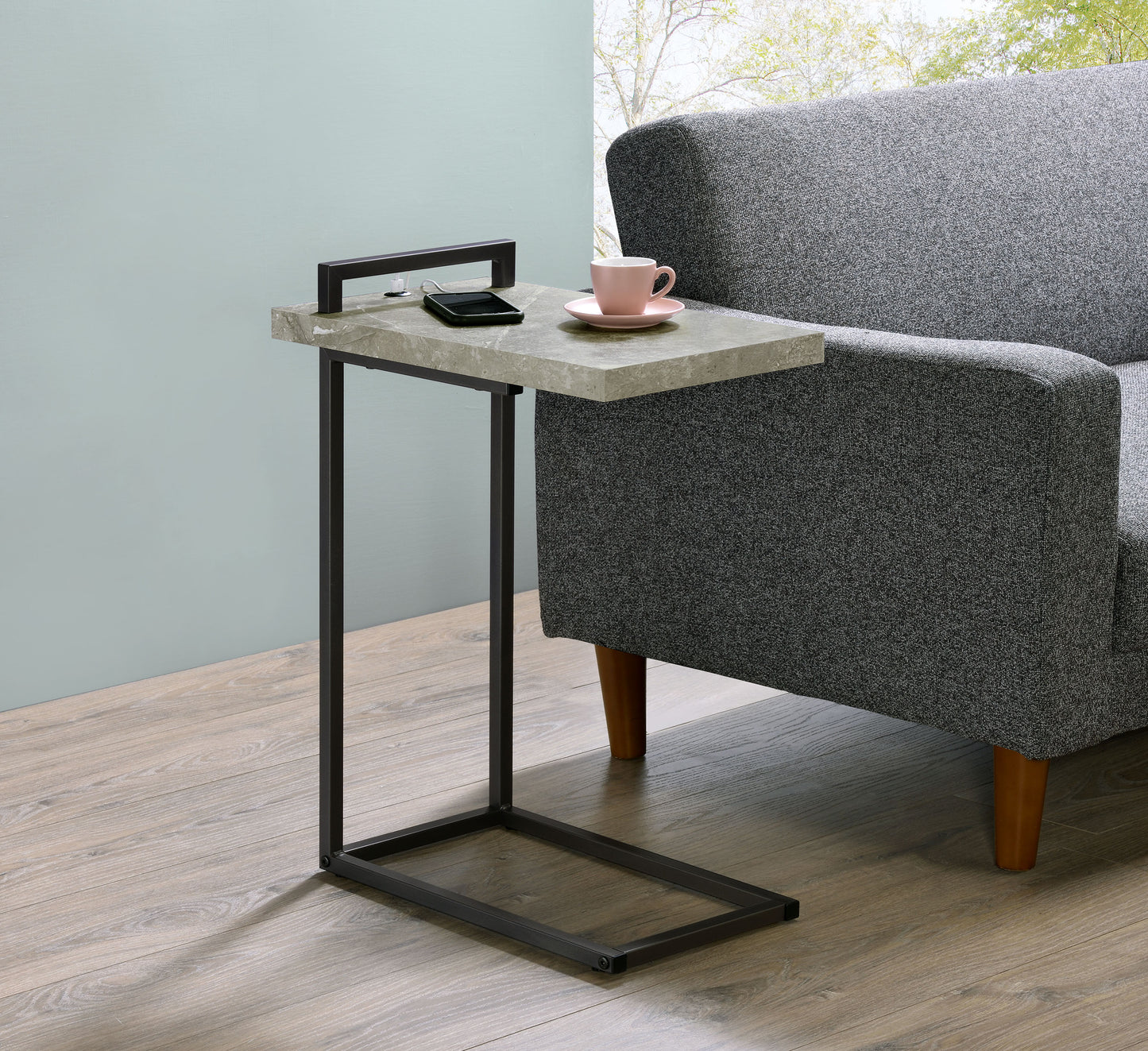 Maxwell C-shaped Side Table USB Charging Grey Faux Marble