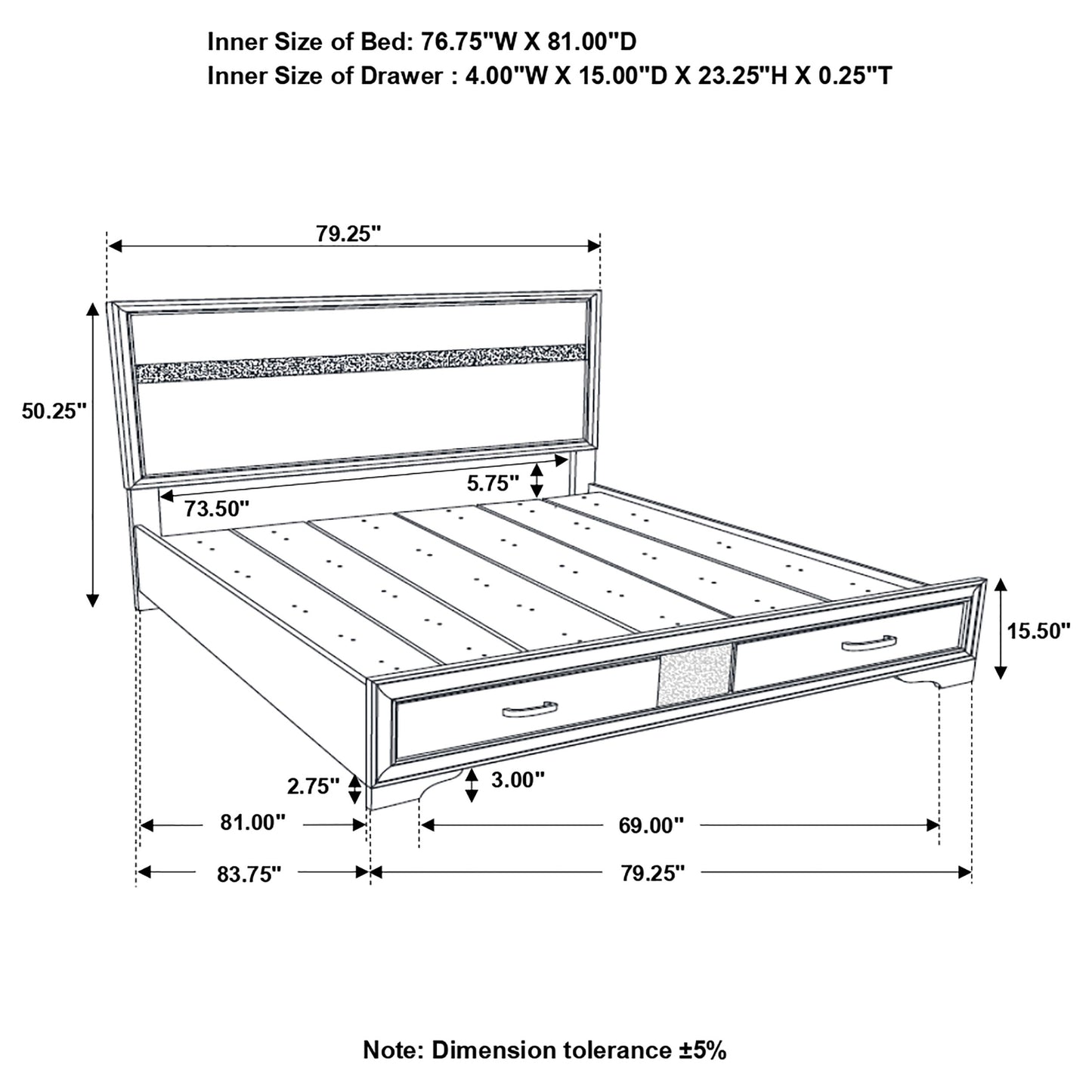 Miranda 51-inch Wood Eastern King Storage Panel Bed White