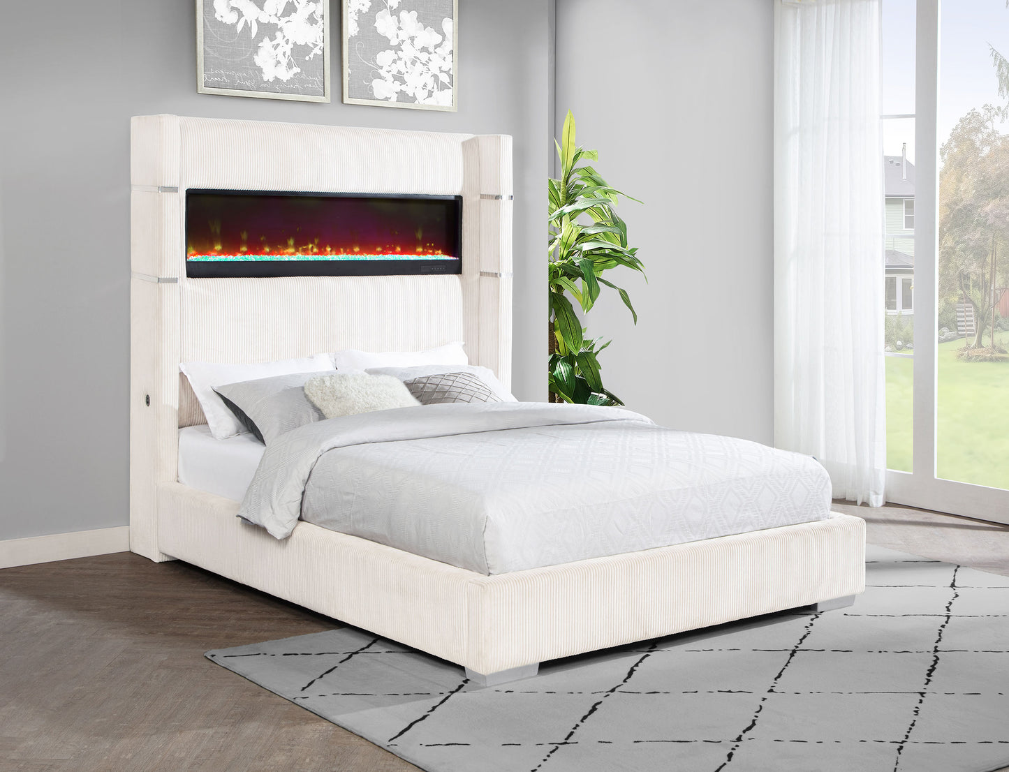 Tisdall Upholstered Queen Flame Visualizer Bed Cream